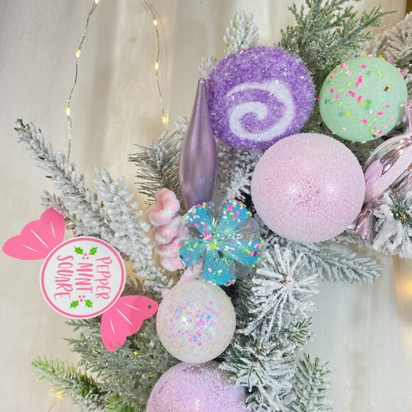 Peppermint Square Pastel Candy Frosted Pine 24" Holiday Christmas Wreath Rare - Picture 7 of 16